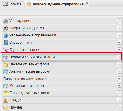 Выбор пункта «Цепочки сдачи отчетности» на панели навигации