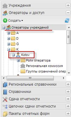 Дерево справочника «Операторы учреждений»