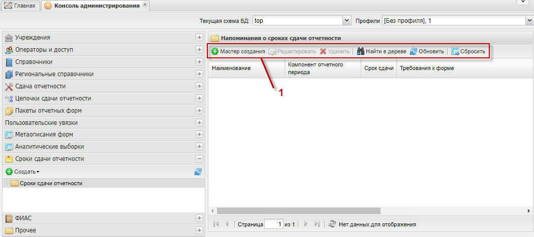 Панель инструментов раздела «Сроки сдачи отчетности»