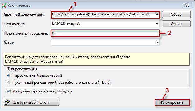 Клонирование репозитария «MK». Окно «Клонировать»
