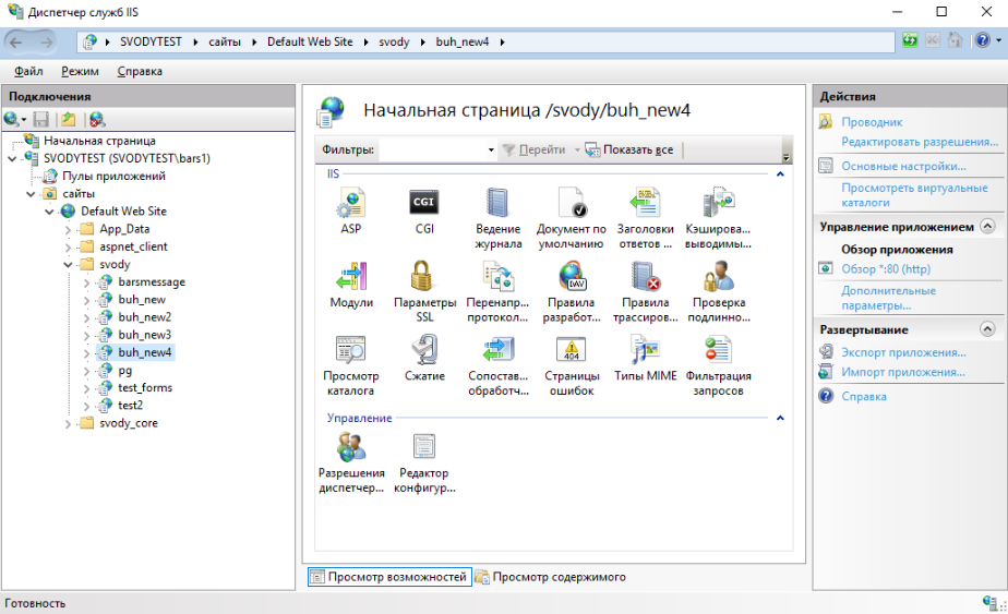 Окно «Диспетчер служб IIS »