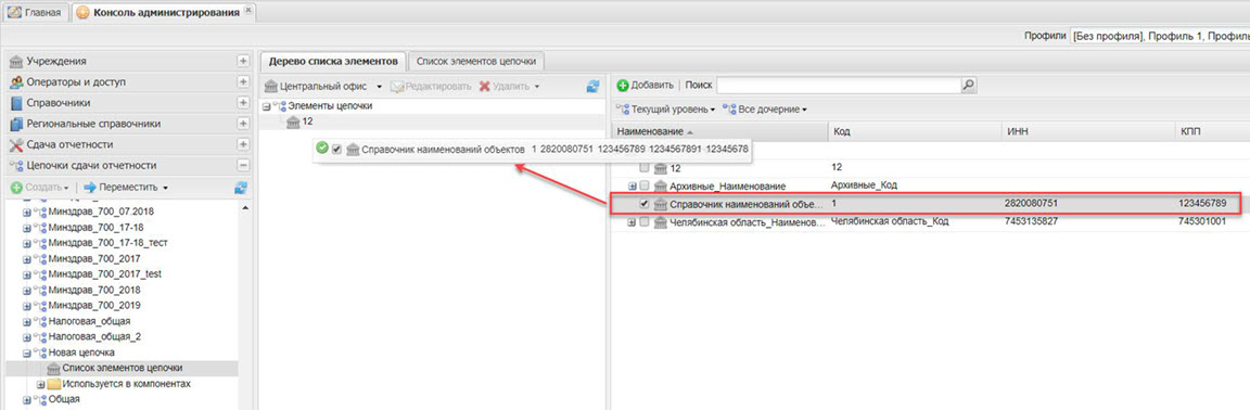 Создание списка элементов цепочки