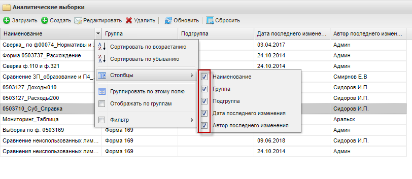 Выбор столбцов для отображения таблицы