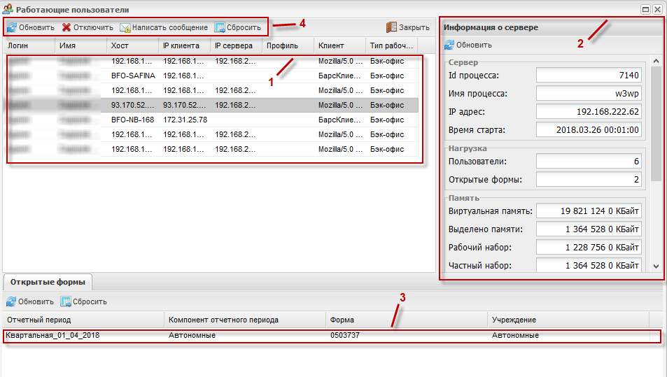 Окно «Работающие пользователи»