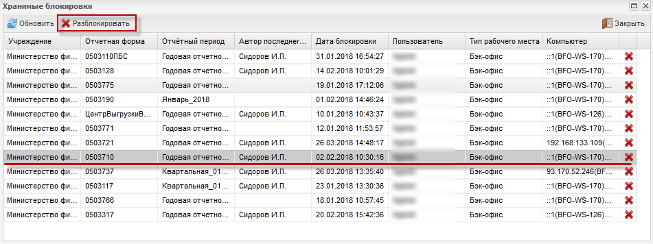 Окно «Хранимые блокировки»