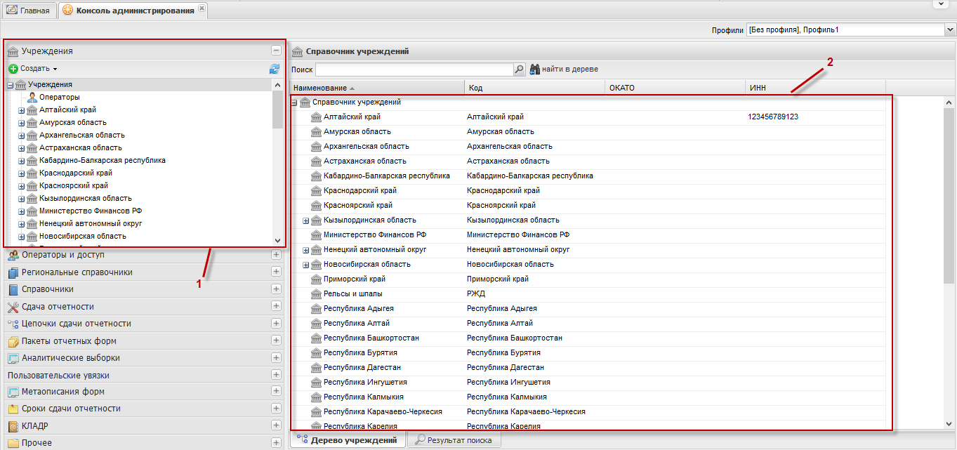 Представление справочника учреждений