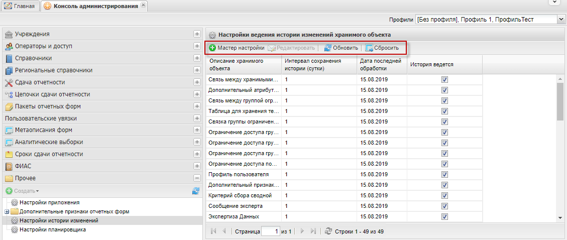 Список объектов Системы, для которых возможно ведение истории изменений