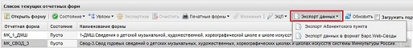 Экспорт данных при помощи панели инструментов списка текущих отчетных форм